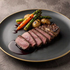 Steak dinner with roasted vegetables and sauce