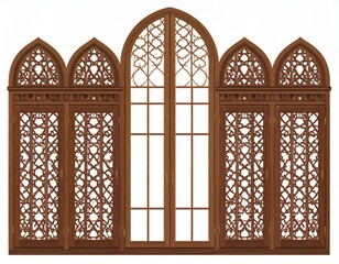 Intricate wooden window with decorative latticework design and arched frames for elegant aesthetics