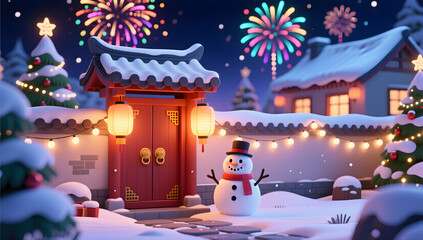A warm festive courtyard gate glowing beneath snowy fireworks