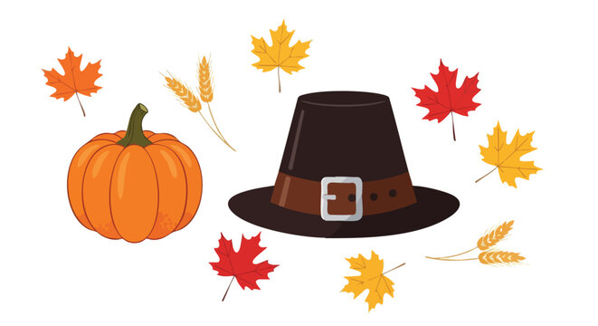 Flat lay of a Thanksgiving-themed arrangement with a pilgrim hat, pumpkin, wheat, and colorful autumn leaves on a white background. - Powered by Adobe