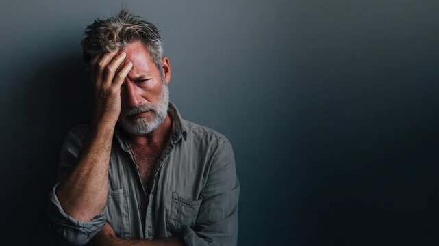 A contemplative man with a distressed expression, capturing the weight of life's challenges. Ideal for themes of introspection, struggle, and emotional depth.