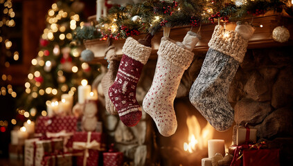 a cozy fireplace with christmas decorations, featuring hanging santa cap and presents in front of it,