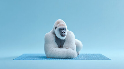 White gorilla rests calmly on yoga mat, showcasing serene expression against soft blue background. This unique scene captures blend of tranquility and strength