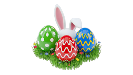 Easter Eggs and Bunny Ears on Grass