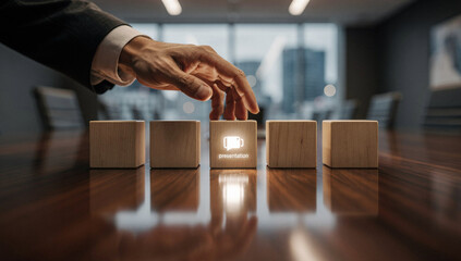 Presentation choice on a wooden block in conference room