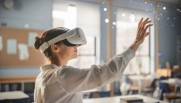 A student wearing a virtual reality headset interacts with a holographic display in a modern classroom. - Powered by Adobe