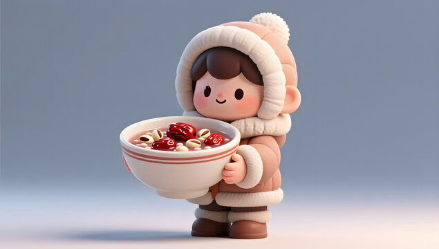 Cute figure holding a warm Laba porridge bowl