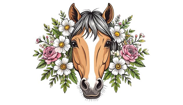Horse's face surrounded by colorful flowers on a plain white background