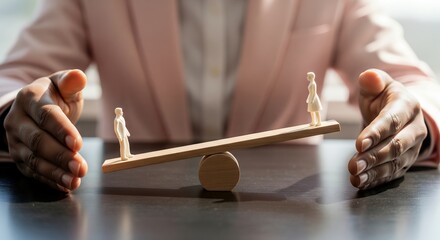 Person balancing two wooden figures on a seesaw, symbolizing equality and fairness in business.