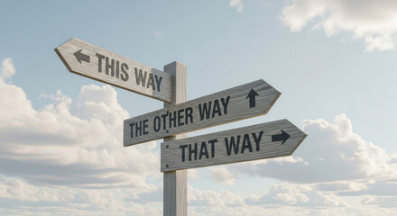 Fototapeta premium Pixelated directional signpost with 'This Way', 'That Way', and 'The Other Way' points towards a cloudy blue sky, suggesting choice and guidance.