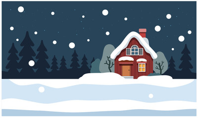 森の中の一軒家のイラスト素材。夜の森と古民家と雪景色。