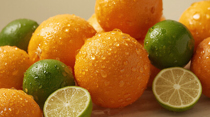 Fresh, vibrant citrus fruits like ripe oranges, juicy lemons, and green limes are naturally isolated and sweetly sliced on a white table