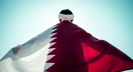 Person with traditional headwear holding a large Qatar flag against a bright sky, symbolizing national pride and identity.