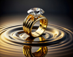 Gold ring with large diamond on reflective liquid surface creating ripples—showcasing luxury, brilliance, and elegance in a high-end artistic composition ideal for jewelry and engagement themes.