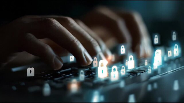 Flow of typing, while crisp reflections enhance the device&rsquo;s modern aesthetic. Hovering lock icons symbolize encrypted data and cybersecurity.
