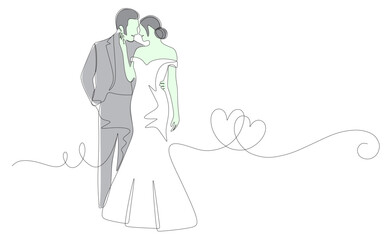 Continuous line art of a couple in wedding suits. This icon is for celebrating Valentine's Day and wedding invitation card stickers. Vector illustration with beautiful colors. Happy Valentine's Day