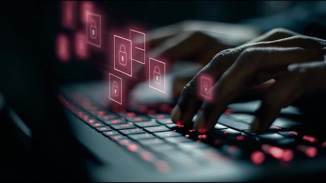 Man hands racing across the keyboard. Floating keylock holograms appear above the device.