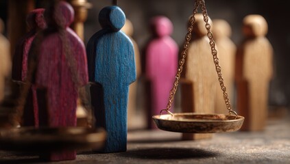 a set of balanced scales with different-colored wooden mannequins in the background, representing gender equality and justice.