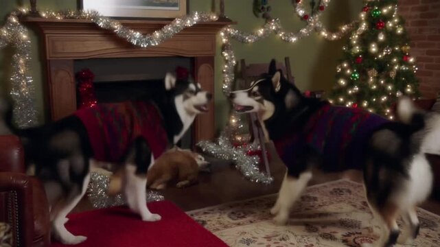 Two siberian huskies in bright sweaters dance a powerful jig in a christmas living room decorated with lights and a tree, looking at each other with wild glee and joyful energy.