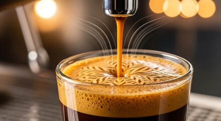 Espresso shot being pulled from a machine into a glass cup.