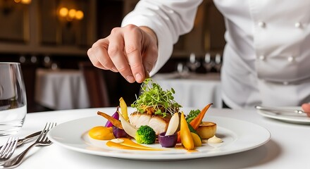 Chef garnishing gourmet fish dish with microgreen garnish in restaurant.