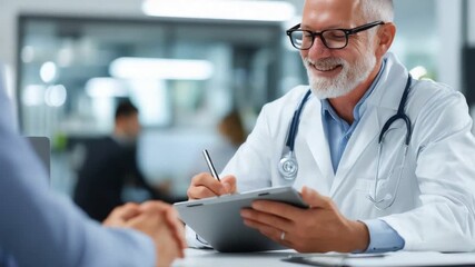 A friendly doctor in a white coat smiles while taking notes on a clipboard. He engages warmly with a patient, illustrating a caring healthcare environment.