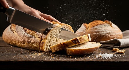 Hand slicing rustic sourdough bread loaf with serrated knife on wood.