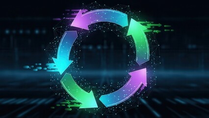 Digital circular arrows with glitch effect and neon glow