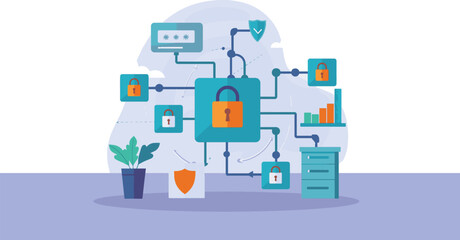 Digital Security Network with Padlock and Data Protection.