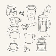 Hand-drawn coffee set: pour-over, French press, grinder, portafilter, beans, cup, and milk pitcher. Outline vector art for cafes, menus, and branding.