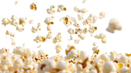 Popcorn flying in mid-air, showcasing light texture and dynamic motion, perfect for food visuals and snack-themed creative scenes isolated on white background