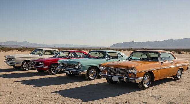 A colorful lineup of classic American cars parked in the desert.
