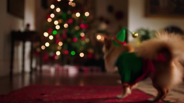 Pomeranian in an elf costume dances a rapid jig in a cozy christmas living room decorated with a tree, looking at the camera with a mischievous, energetic smile.