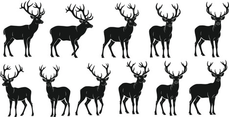 Majestic deer silhouette collection featuring detailed antlers and standing poses, perfect for wildlife vector illustrations, nature-themed artwork, forest animal designs, and 