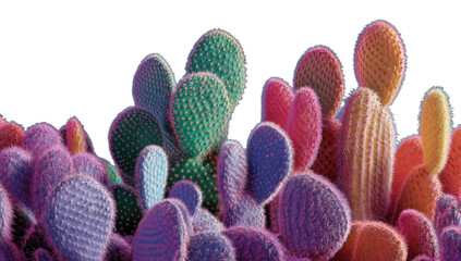 Vibrant prickly pear cactus pads in a spectrum of bright, saturated colors