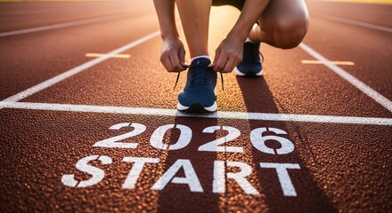 Runner preparing for the 2026 start on a track at sunrise.