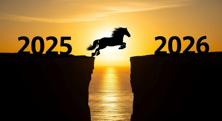 Silhouette of a horse jumping from a cliff with 2025 to another with 2026 at sunset, symbolizing the transition into the new year.