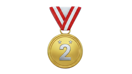 Gold Medal with Number 2 and Red Ribbon on White Background
