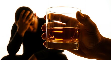 Silhouette of a man struggling with alcohol addiction, offered a drink.