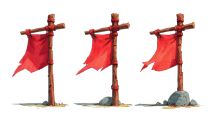 Three tattered red flags on weathered wooden poles, grounded in sand