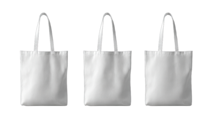 Three identical white canvas tote bags with arched handles arranged in a row