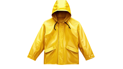 Bright yellow rain coat showcasing waterproof fabric, protective hood, and durable weather-resistant design for outerwear fashion and lifestyle visuals isolated on white background