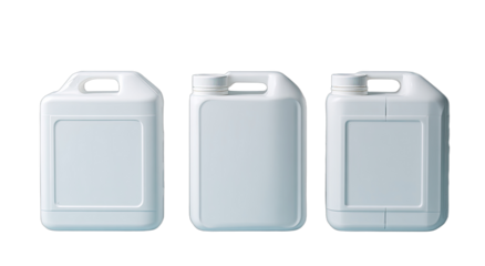 Three white plastic containers with handles against a black background