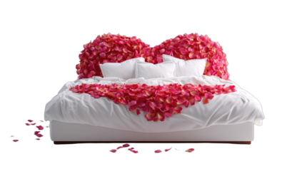 Luxurious white bed adorned with a heart of vibrant red rose petals