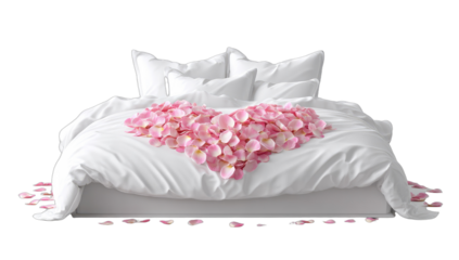 Luxurious white bed adorned with a delicate heart of pink rose petals