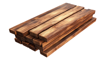 Stack of natural wooden planks arranged neatly showing grain texture and construction material detail for design resources isolated on white background