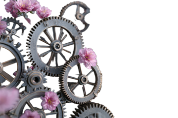 Interlocking metal gears entwined with delicate pink blossoms, on black