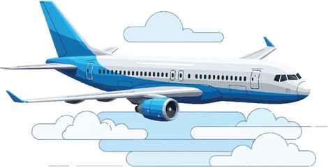Fototapeta premium Sleek white and blue passenger airplane flying side view with detailed engines and windows.