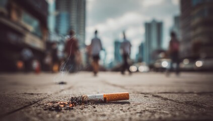 close-up of a discarded cigarette on the asphalt, the focus is to show that it was thrown away by someone walking on the city street