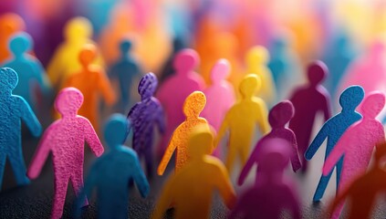 colorful paper cut-out crowd of people, close-up, blurry background, depth of field.